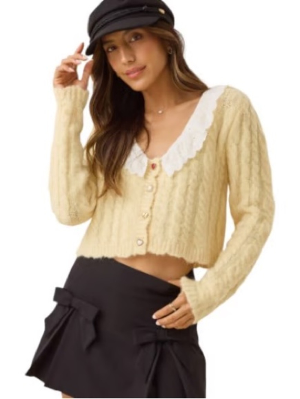 Altar'd State Yellow Cable-Knit Cropped Cardigan with Lace Collar